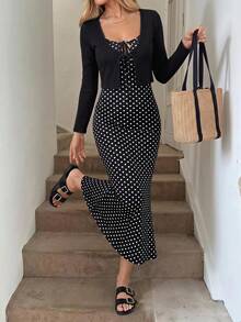 SHEIN LUNE Women's Casual Autumn/Winter Vacation Commute Basic Outfit Polka Dot Long Sleeve Tie-Front Top & Dress 2-Piece Set Fall Clothes Office Wear For Women - Black and White - View 9