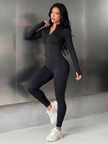 SHEIN Solid Color Slim Fit Jacket And Leggings Sports Set - Black - View 3