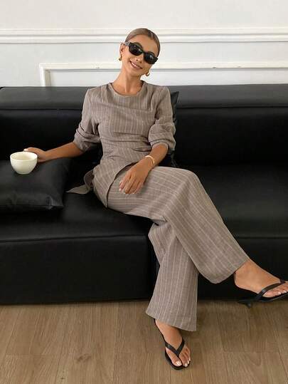 DAZY Women's 2-Piece Striped Fitted Ruched Long Sleeve Round Neck Pullover Blouse & Wide Leg Pants Set, Elegant Vacation Formal Casual Spring Autumn Outfit