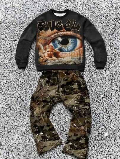 Ensemble 2 pièces pour garçon préadolescent, Sweat-shirt ample à col rond et manches longues, pantalon droit et évasé, style décontracté minimaliste, adapté à l'automne/hiver, imprimé classique cool et élégant avec peinture à l'huile de grands yeux, imprimé classique de branches sèches et de feuilles tombées, adapté au style de rue, Y2K