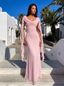 Firerie Women's Elegant Tropical Date Cocktail Casual Vacation Beach Afternoon Tea Light Pink Mesh Off-Shoulder Draped Ruffle Trim Tie-Waist A-Line Dress Summer,Graduation Dress,Wedding Guests - Pink - View 4