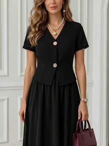 Miaspire Atasan Lengan Pendek Leher V dengan Rok Panjang Modis Berbahan Chiffon - Hitam - View 5