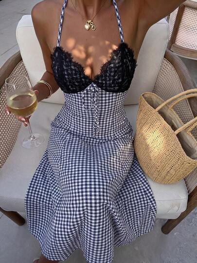 Sunnyshic Women's Autumn/Winter Blue & White Plaid Jacquard Fabric With Lace Patchwork V-Neck Halter Tie Backless Cinched Waist A-Line Long Dress, Vintage Commute Outing Date Elegant Cute Romantic Daily Versatile