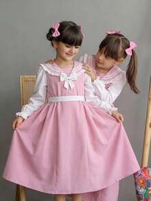 Tween Girl Colorblock Bow Decor Patchwork Ruffle Hem Long Sleeve Preppy Dress School Pinafore - Pink - View 2