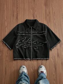 SWAVVY 男士水洗品牌補丁刺繡拉鍊夾克 - 黑色 - 查看 6