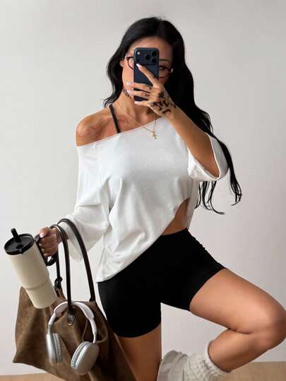 Coolane Women's Streetwear Sport Comfortable White Off The Shoulder Smock T-Shirt