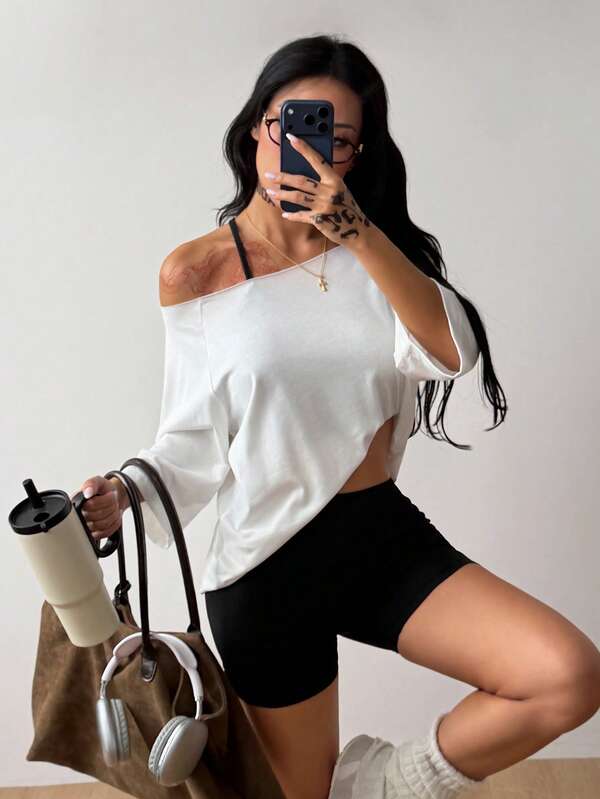 Coolane Women's Streetwear Sport Comfortable White Off The Shoulder Smock T-Shirt