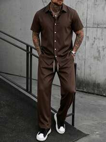 Manfinity Homme Men's Solid Color Double-Breasted Short Sleeve Shirt And Pants Set - Coffee Brown - View 4