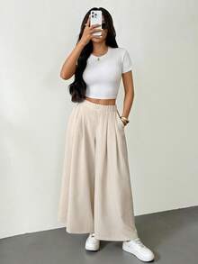 SHEIN PETITE 女款秋季時尚休閒寬鬆舒適日常辦公通勤生日基礎百搭彈性腰摺皺米色短長褲 - 杏色 - 查看 2