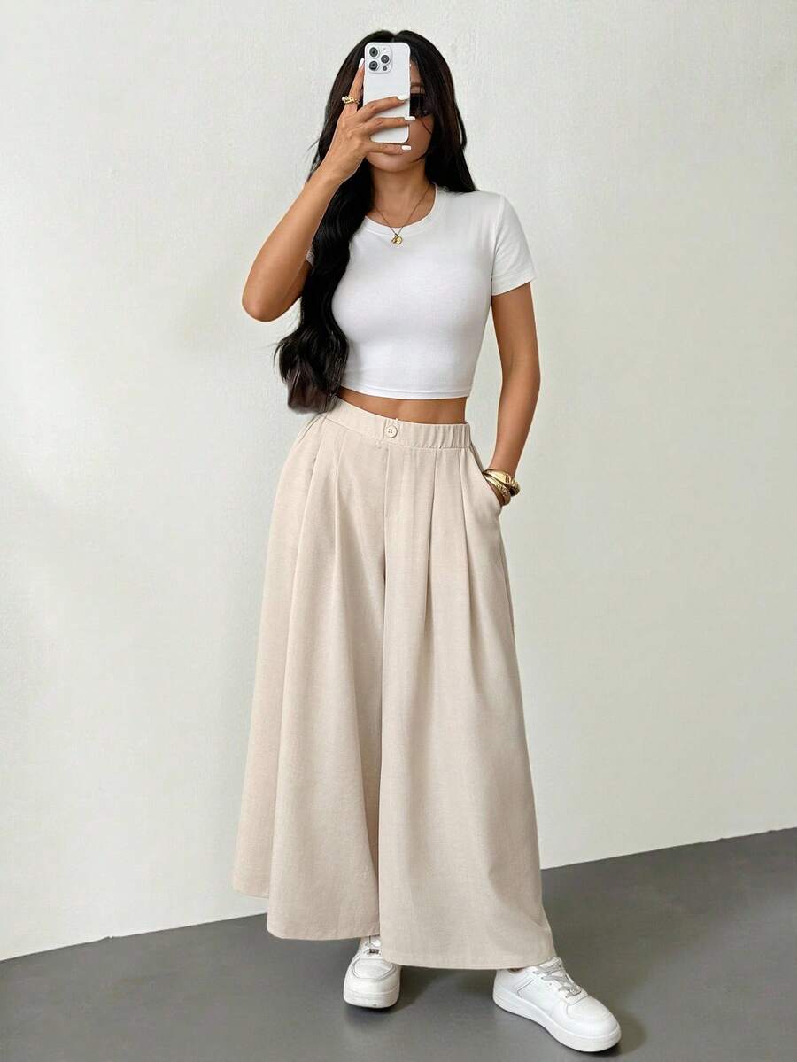 SHEIN PETITE 女款秋季時尚休閒寬鬆舒適日常辦公通勤生日基礎百搭彈性腰摺皺米色短長褲
