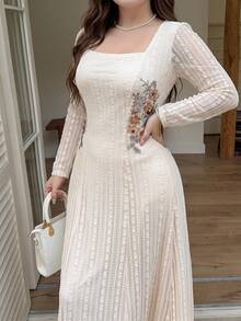 Feyla Plus Size French Elegant Embroidered Long Sleeve Square Neck Evening Wedding Guest Party Dress Wedding Beige Autumn - Apricot - View 6