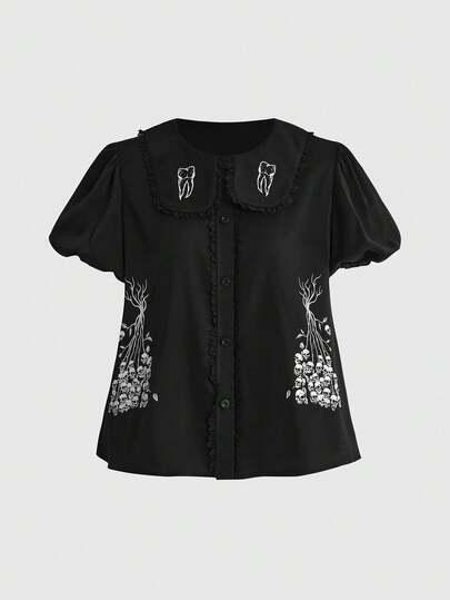 Goth Blusa de línea A con cuello Peter Pan, mangas de pétalo y estampado de calavera y dientes de estilo gótico oscuro