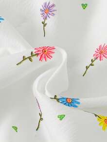SHEIN 女童新款花卉印花襯衫，領口長袖寬鬆休閒上衣，適合日常、優雅、度假、通勤，清新風格 - 白色 - 查看 5