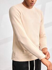 Driftmere Men's Minimalist Fashionable Ribbed Knit Tee, For Fall, Long Sleeve Top - Apricot - View 5
