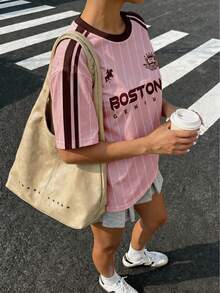 SHEIN 青少年女孩條紋字母印花休閒百搭日常外出短袖T恤 - 白色 - 查看 4