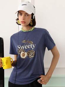 Chillnights Top de pijama de manga corta casual para uso diario en casa con estampado de letras & cerezas para mujer - Azul Marino - Ver 1