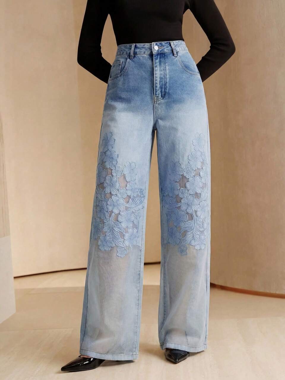 Anewsta Women's Spring/Summer Embroidered Semi-Sheer Vacation Style Blue Straight Jeans