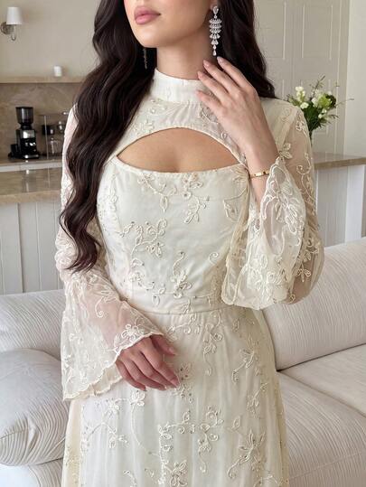 Feyla New Design Hollow Neckline Luxury Heavy Beaded Embroidery Waist-Cinching A-Line Slimming Elegant Sophisticated Vacation Party Dress