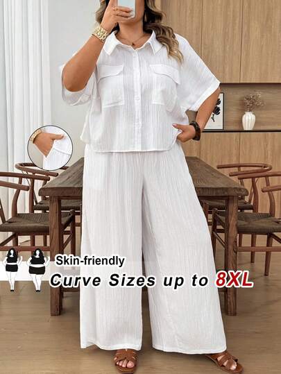 SHEIN CURVE+ Spring Summer New Elegant Smart Casual Commute Vacation Loose Pure White Raglan Sleeve Rolled Hem Pocket Utility Short Shirt Pants Set