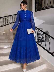 Reflora Vestido Elegante de Talla Grande con Botones de Perlas Falsas y Encaje Celestial Azul Real para Boda, Fiesta, Cóctel, Verano - Azul - Ver 2