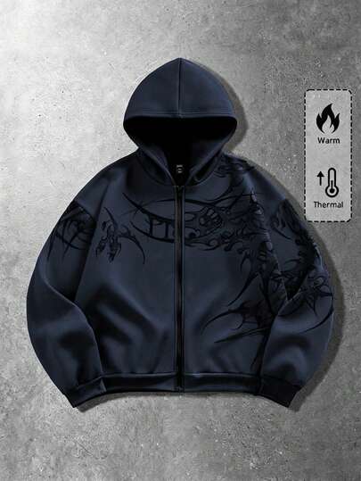 ROMWE MEN Men's Printed Zip-Up Long Sleeve Fashion Versatile Hoodie