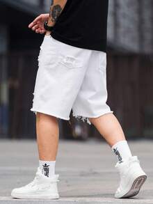 Manfinity LEGND Men Casual Summer Solid Color Ripped Denim Shorts Jorts - White - View 2