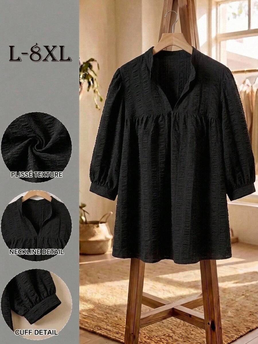 SHEIN CURVE+ 母親節休閒大尺碼印花燈籠袖純色紋理黑色上衣，2026年秋季 22W