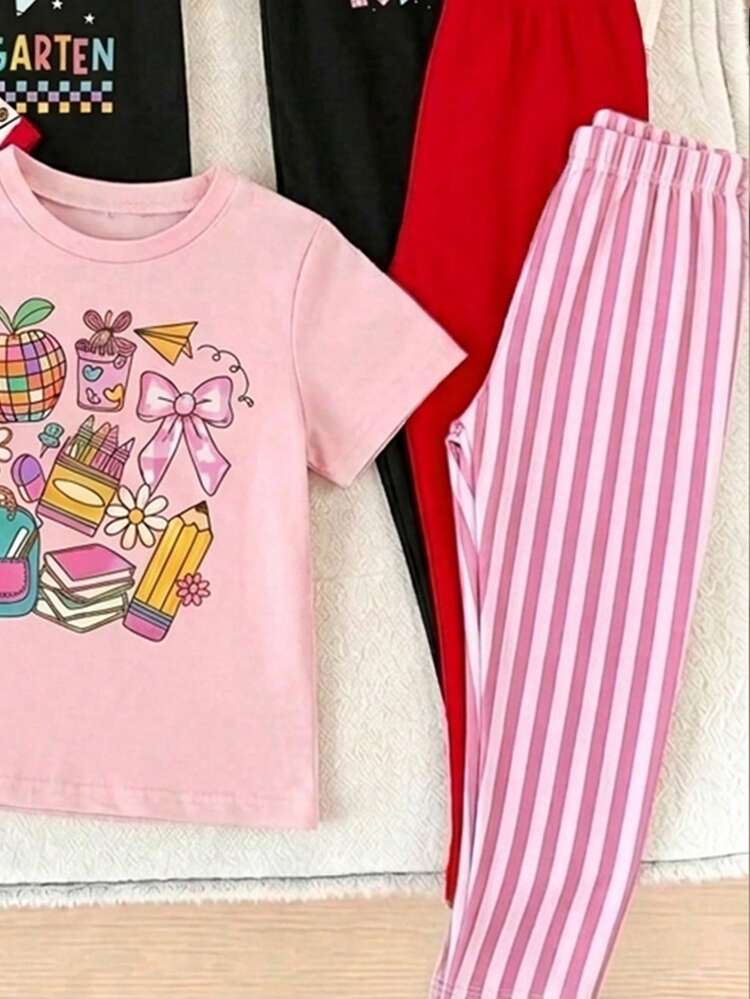 SHEIN 1 Set, 2 Pieces Sweet Back-To-School Style School Bus Print Cartoon Pencil Bow Short Sleeve Top And Pants Set, Randomly Sent 1 Set, Home And Outwear Set - Multicolor - View 5