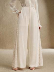 Anewsta Elegant White Wide-Leg Pants With Contrast Lace And Pleats, Suitable For Daily Wear Brunch Tea Party And Dates Autumn - Apricot - View 8