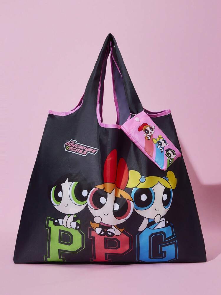 THE POWERPUFF GIRLS X SHEIN Cartoon Girls Print Polyester Foldable Tote Bag, Compact Fold Design For Grocery Shopping, Daily Errands And Travel Use - grey pink - View 2