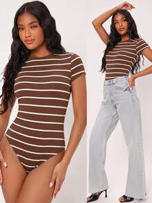 SHEIN BASICS 女款連身衣 夏季女裝 日常日穿 日間派對 棕色條紋 休閒風 - 棕色 - 查看 2