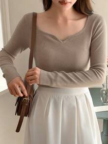 DAZY Women's Solid Color Elastic Ribbed Slim Fit Long Sleeve Pullover Knit Sweater, Casual Holiday Everyday Spring Autumn Top Vacation - Apricot - View 4