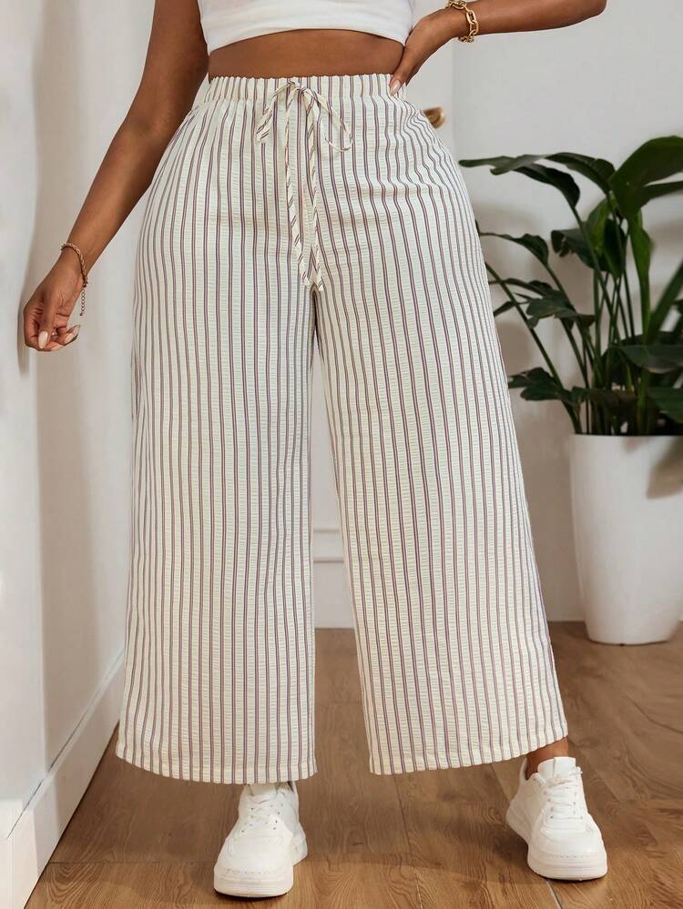 SHEIN PETITE CURVE 大码女式系带条纹阔腿宽松裤，春季款，优雅高腰，休闲宽松裤 - 杏色 - 查看 4