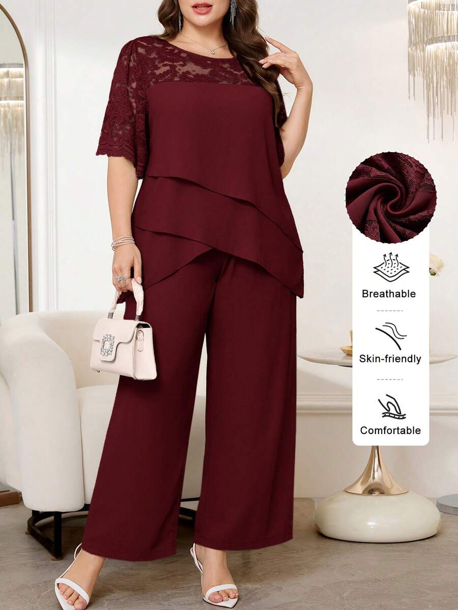 Reflora Plus Size Women 2 Pieces Set: Contrast Lace Asymmetric Hem Blouse And Wide Leg Pants - Burgundy - View 1