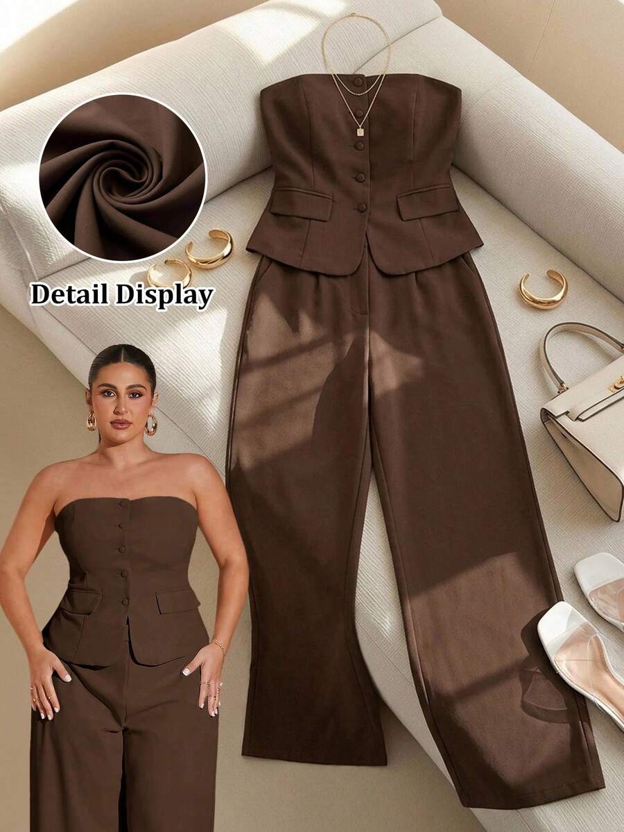 SHEIN Tall CURVE 大尺碼女款巧克力棕色秋季優雅抹胸西裝外套夏季套裝,辦公室仙女美人魚商務兩件套,老錢風穿搭 - 咖啡棕 - 查看 1