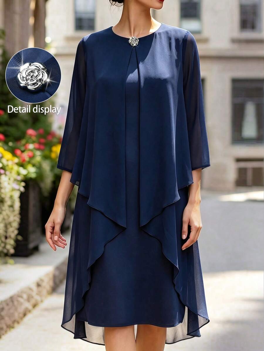 Velvienne Plus Size Elegant Commuter Solid Color Dress Fall - Navy Blue - View 1