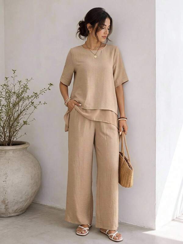 EMERY ROSE Women's Round Neck Short Sleeve Asymmetric Hem Shirt And Wide Leg Pants Casual 2 Pieces Set Autumn Outfit For Women Holiday Outfits