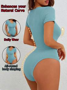 SHEIN 1件女款純色短袖塑形連身衣 - 藍色 - 查看 4