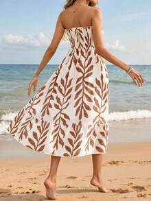 SHEIN Swim 夏季泳裝新品 度假風 優雅熱帶極簡休閒鄉村風 女款米白色葉片花卉平口抓皺開衩露肩洋裝 - 棕色 - 查看 2