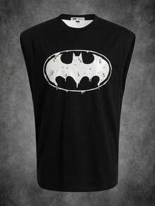 BATMAN X SHEIN 男士蝙蝠印花圆领休闲背心 - 黑色 - 查看 5