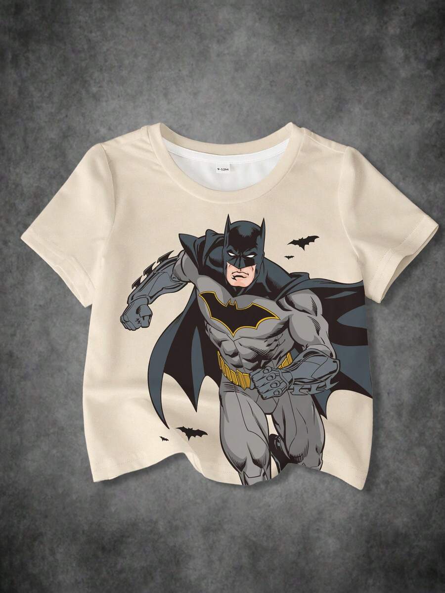 BATMAN X SHEIN 男婴休闲卡通印花上衣，夏季 - 白色 - 查看 1