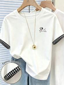 Resyla 夏季出遊上衣 女款標準版型 T-shirt，經典條紋印花對比色白色 T-shirt，可愛小狗印花圖案，圖形設計，舒適面料，返校季，教師穿搭，日常 - 彩色 - 查看 1