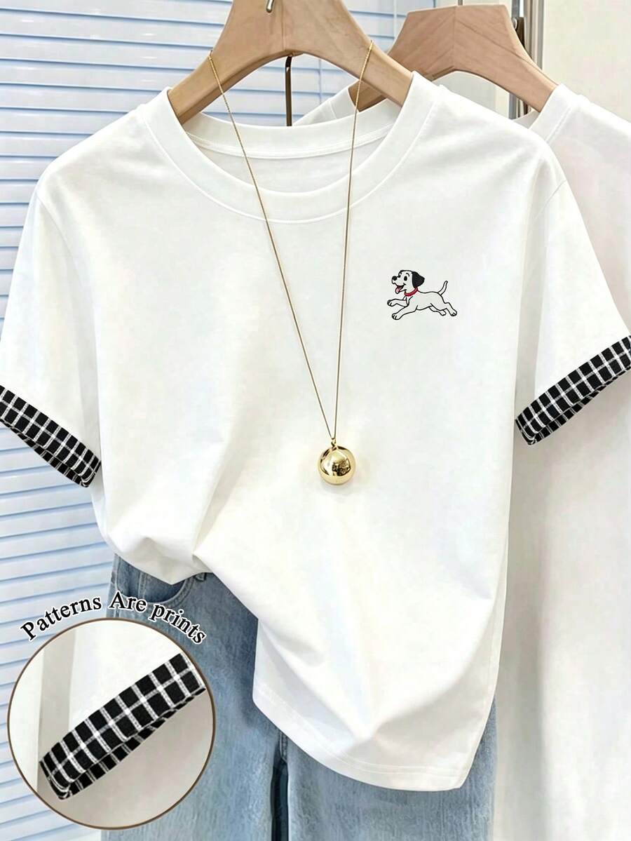 Resyla 夏季出遊上衣 女款標準版型 T-shirt,經典條紋印花對比色白色 T-shirt,可愛小狗印花圖案,圖形設計,舒適面料,返校季,教師穿搭,日常 - 彩色 - 查看 1