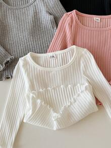 SHEIN 4pcs Baby Girl Casual Cute Knit Solid Color Long Sleeve Tops - Baby Pink - View 4