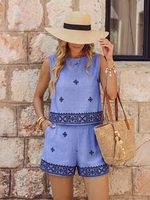 EMERY ROSE Women's Floral Print Round Neck Sleeveless Top And Shorts Casual 2 Pieces Set - Baby Blue - View 4