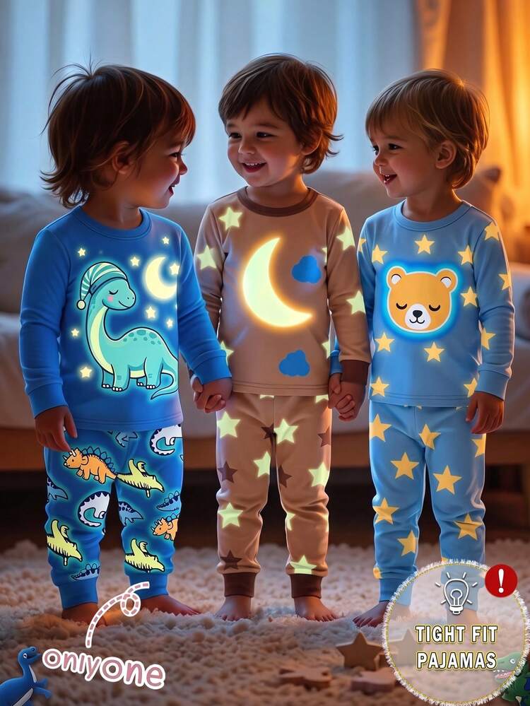 Bộ 2 món quần áo bé trai họa tiết khủng long hoạt hình dễ thương, quần in khủng long toàn thân, phát sáng trong bóng tối với ánh sáng UV, bộ quần dài tay ôm sát mặc nhà, phong cách tinh nghịch đáng yêu, cổ tròn, cạp chun dễ mặc, phù hợp mặc nhà, đi chơi hàng ngày, đi dạo và vui chơi, ôm vừa vặn cho mùa xuân và mùa thu - Màu xanh lam - Xem 1