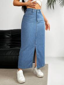 EMERY ROSE Women's Pocket Design Slit Hem Long Straight Casual Denim Maxi Skirt - Medium Wash - View 8