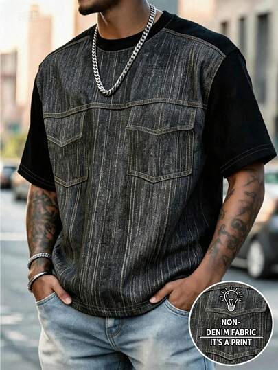Manfinity Dauomo Men's Loose Short Sleeve Summer Top, Vintage Black Graphic Print, Streetwear Style, Casual Versatile Fit, Comfortable Fabric, Outdoor Streetwear