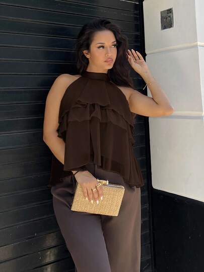 NegzBox Elegant Dark Brown Loose Neck Ruffle Asymmetrical Chiffon Blouse Ruffled Top For Summer Banquet