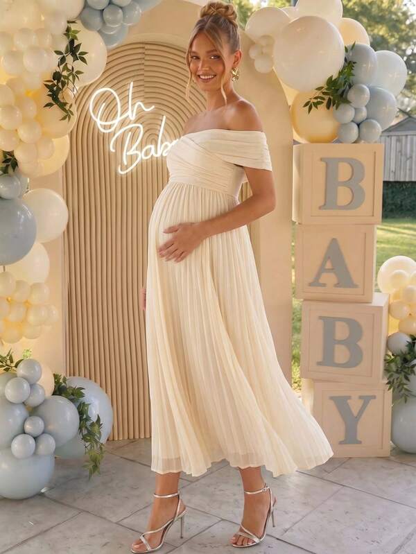 Loomaby Vestido de maternidad de unicolor con pliegues y hombros descubiertos, de moda para vacaciones, fiesta nocturna y reuniones